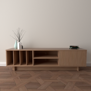 Komoda RTV w stylu japandi – dębowa | Szafka pod sprzęt audio z opcją na winyle, szuflady lub drzwiczka - Darmowa dostawa